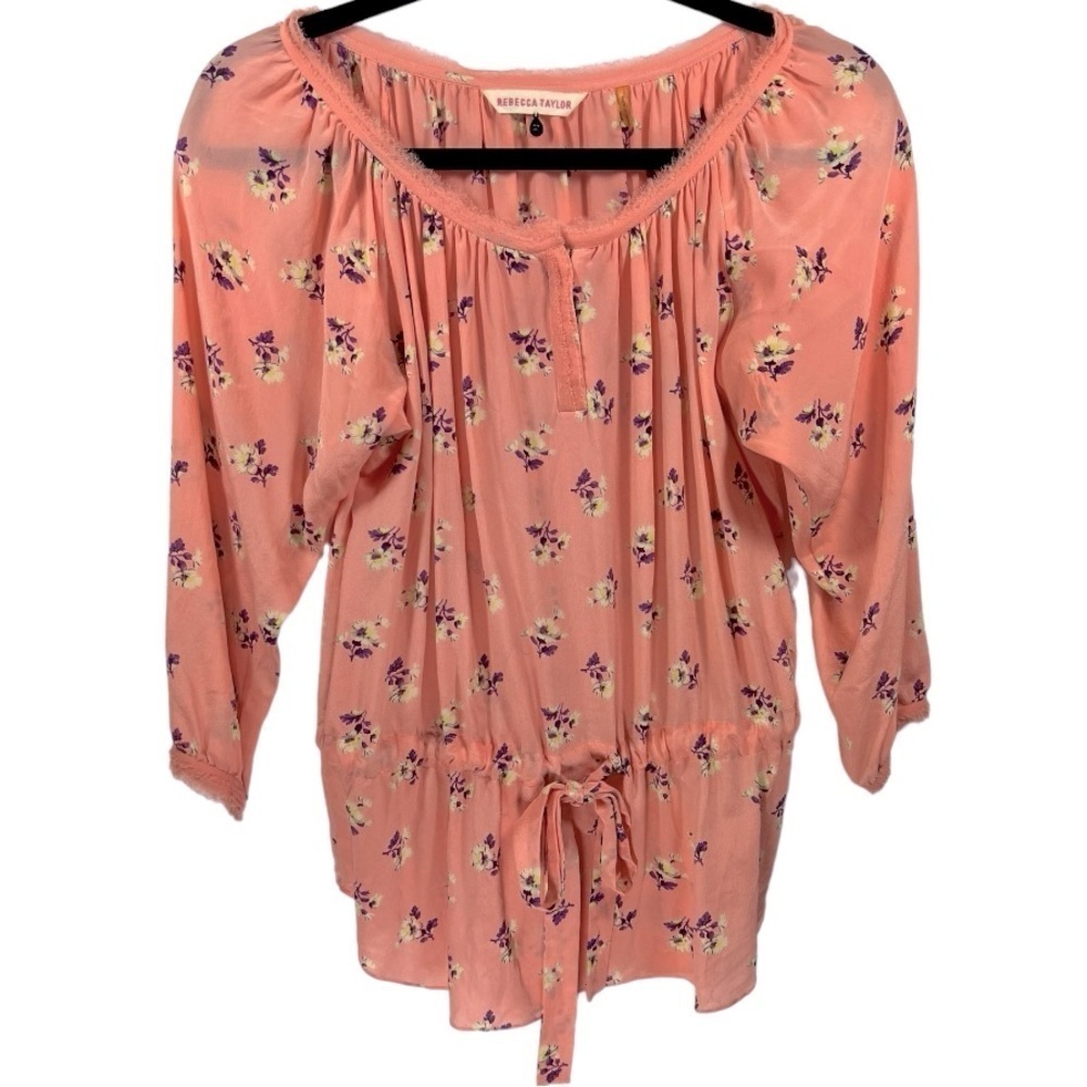 Rebecca Taylor Floral Print Raw Edge Silk Blouse Top‎ Size 2 Dainty Feminine